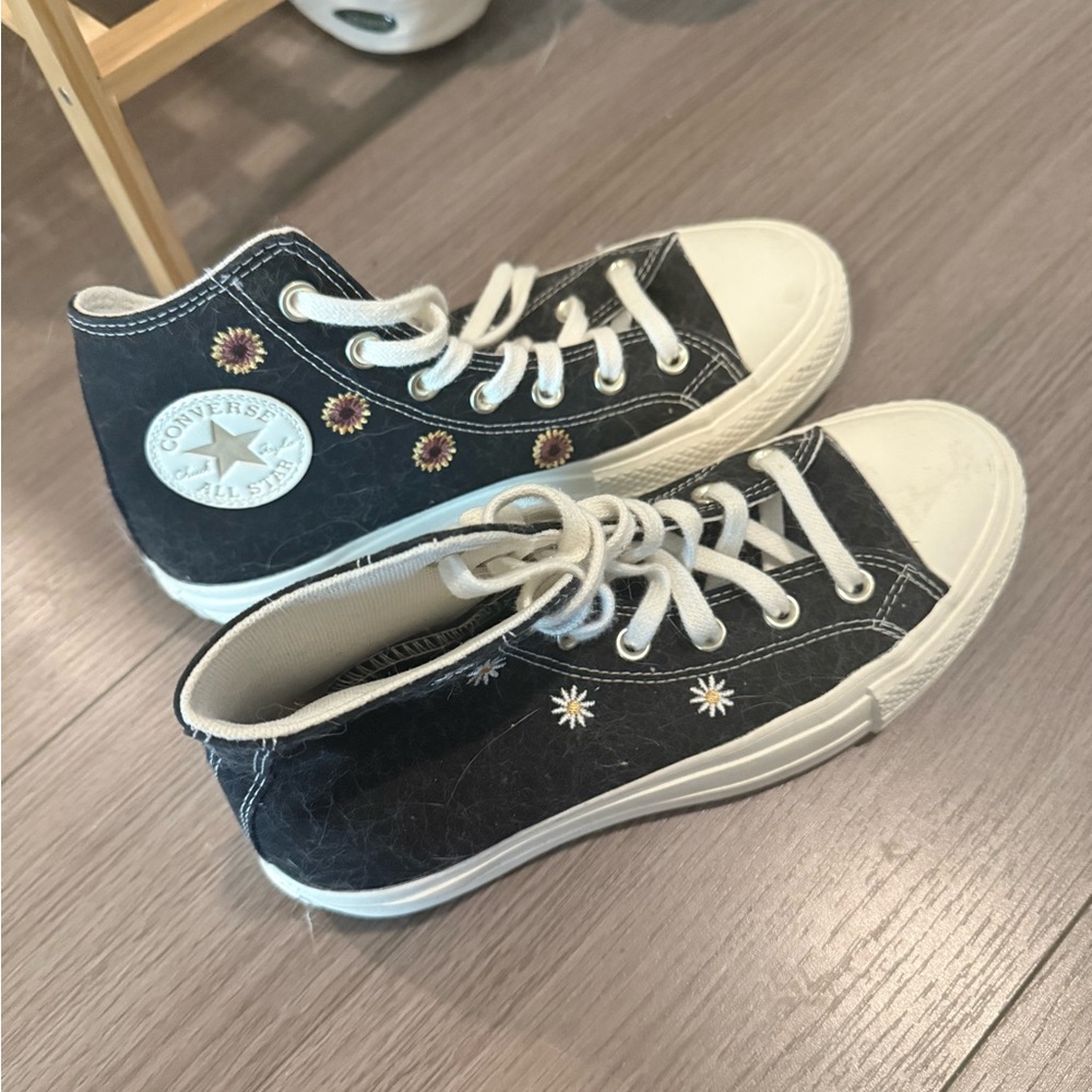 Converse Black and White High-Tops with Daisy Pattern